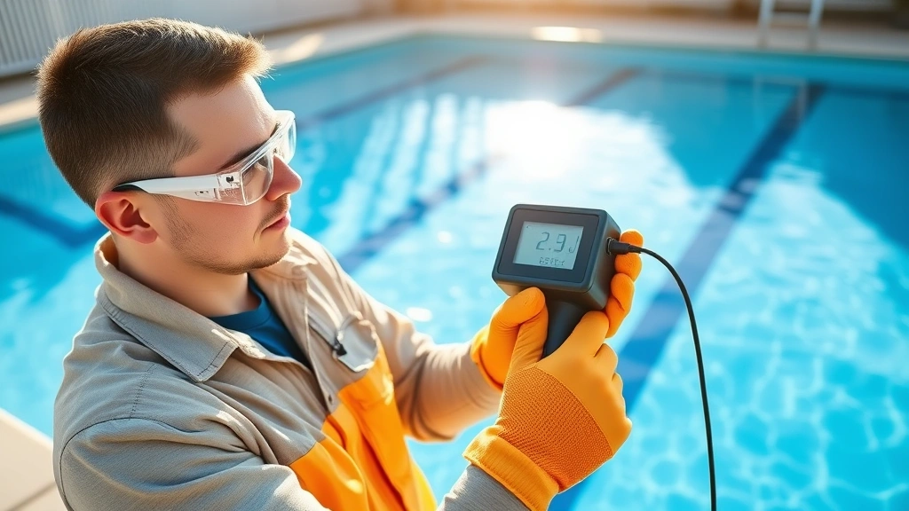Professional pool technician measuring chlorine levels with digital test kit beside sparkling blue residential swimming pool during morning sunlight, wearing safety gloves and goggles