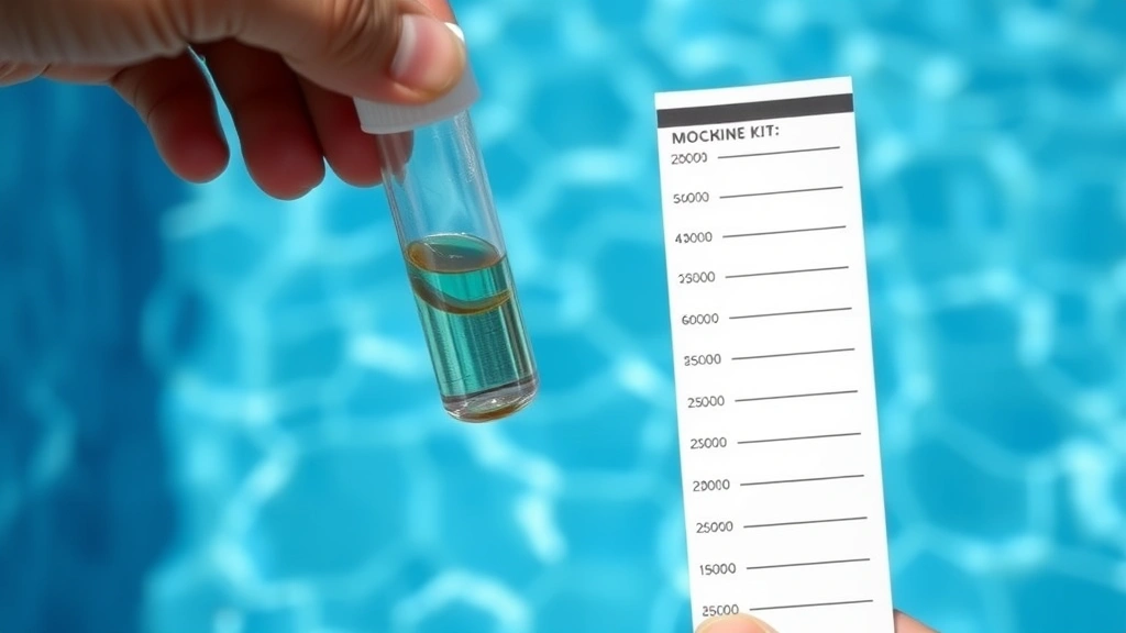 Close-up of pool water being tested with liquid reagent kit showing color change in test vial, person holding test chart for comparison, clear pool water background