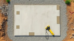 Photorealistic overhead view of concrete foundation pad with level tool and gravel base, construction site setting, bright daylight
