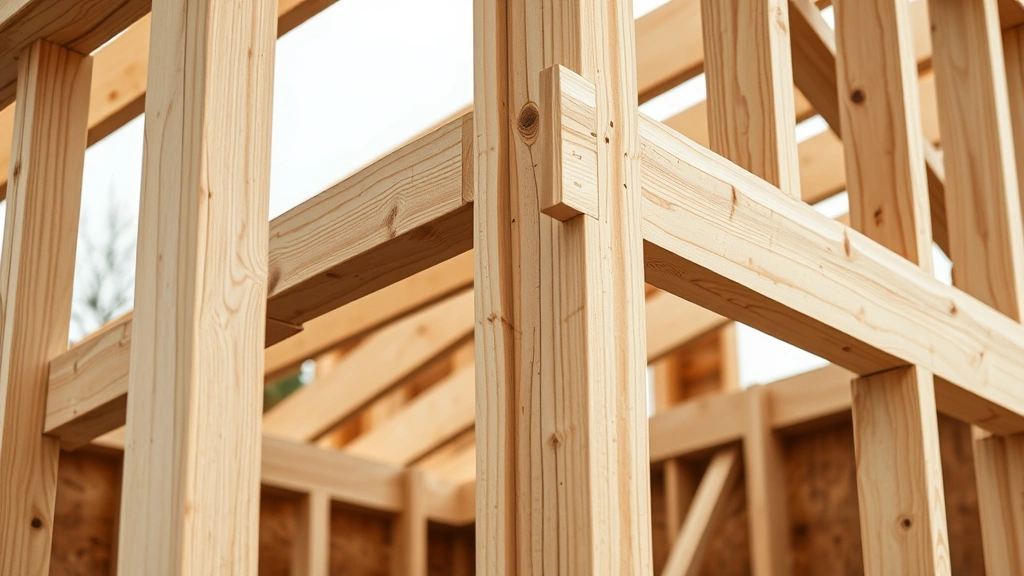 Detailed close-up of wooden wall frame construction showing studs, bracing, and temporary support posts during shed assembly
