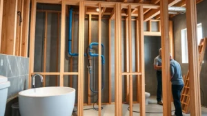 Modern bathroom under construction showing framed walls with plumbing rough-in pipes visible, blue water supply lines and PVC drain lines exposed, professional plumber working in background, construction site lighting