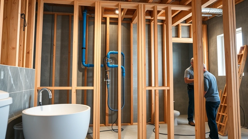 Modern bathroom under construction showing framed walls with plumbing rough-in pipes visible, blue water supply lines and PVC drain lines exposed, professional plumber working in background, construction site lighting