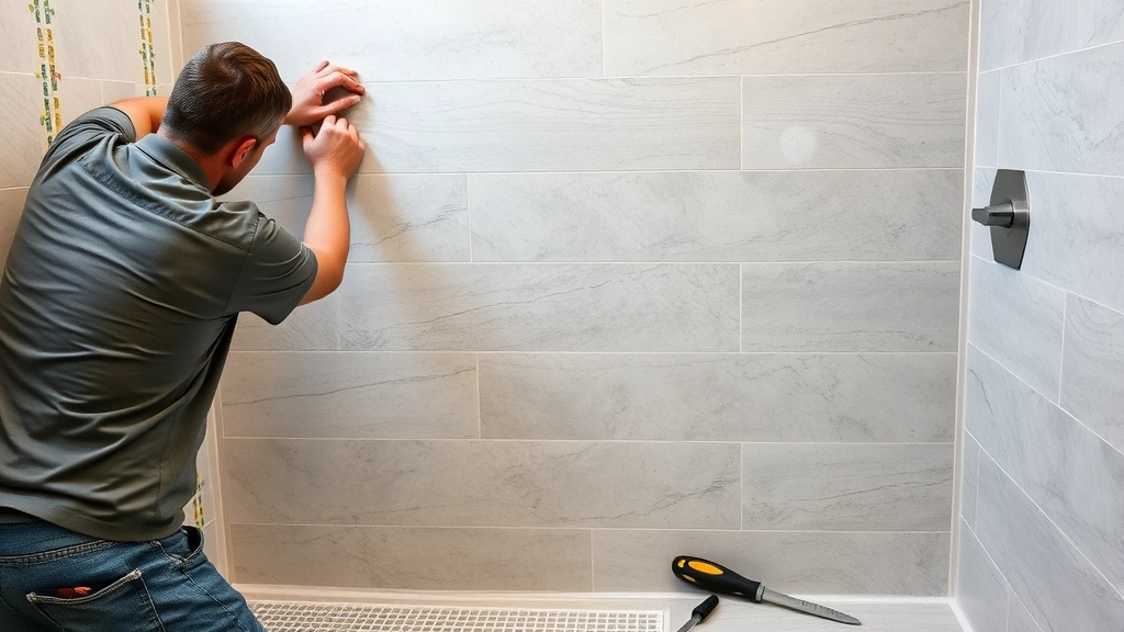 Bathroom tile installation in progress with worker applying large format porcelain tiles to shower wall, waterproof membrane visible underneath, grout application tools nearby, modern bathroom design