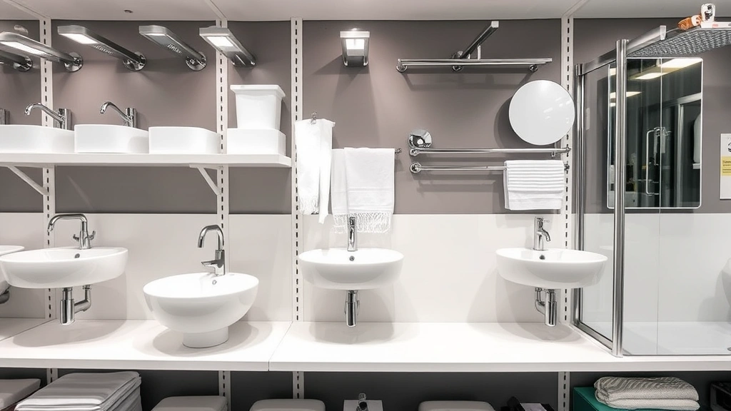 Bathroom fixtures displayed on white shelving including chrome faucets, white porcelain sinks, chrome towel bars, glass shower doors, and vanity lighting fixtures, showroom style presentation