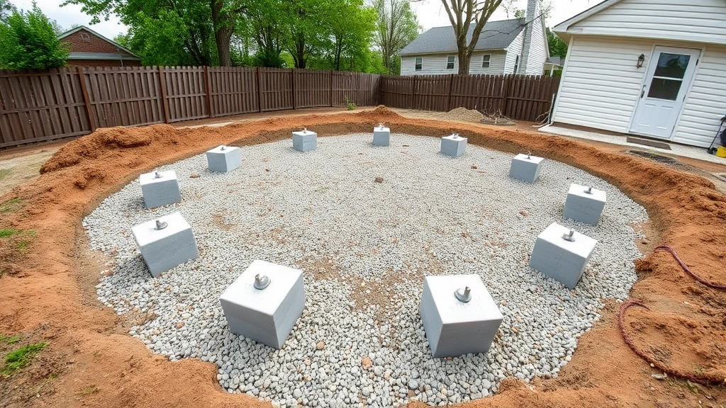 Wide-angle view of construction site with foundation pier blocks and gravel base prepared for shed building, daylight, residential backyard setting