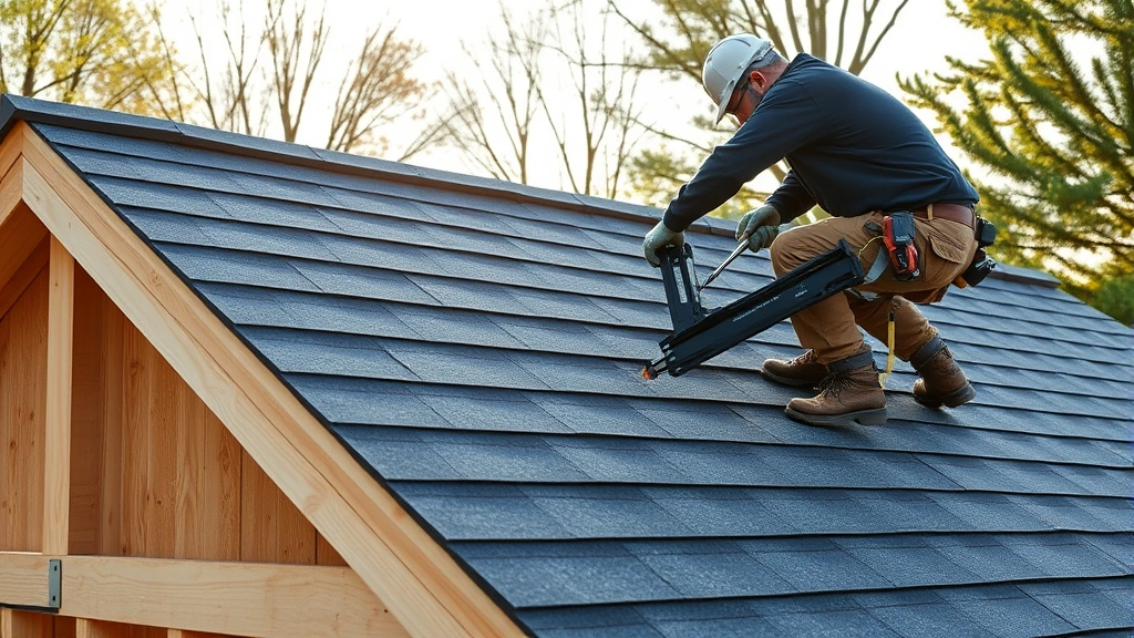 Roofing installation in progress showing asphalt shingles being applied to wooden trusses, worker using pneumatic nailer, morning light, residential shed project