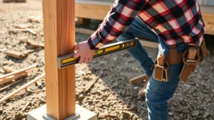 Professional carpenter installing pressure-treated lumber deck posts into concrete footings with post level tool, morning sunlight on construction site