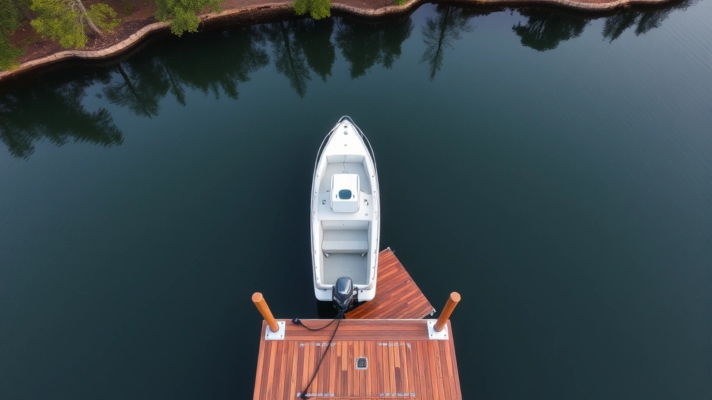 Overhead view of a residential fixed boat dock extending into calm lake water with a small fishing boat tied to cleats, wooden deck boards visible, surrounding trees and shoreline