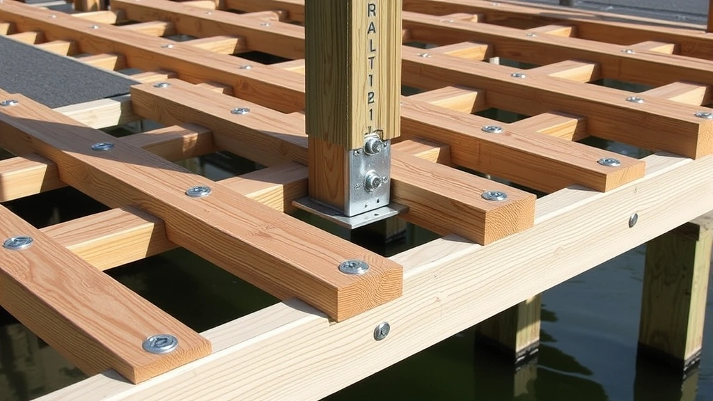 Close-up detail of dock construction showing pressure-treated lumber stringers, galvanized fasteners and bolts, non-slip decking surface, professional joinery and structural support