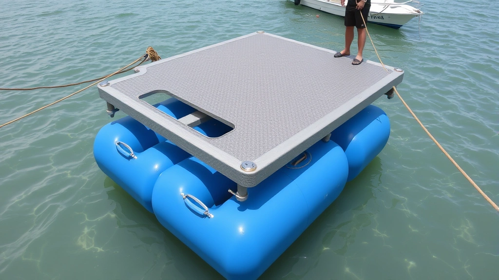 Floating dock platform with blue polyethylene flotation barrels visible underneath clear water, dock tethered to shore with marine rope, person standing on dock with boat in background