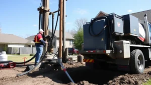 Professional well drilling rig operating on residential property with crew member supervising, deep earth excavation visible, sunny day with clear sky