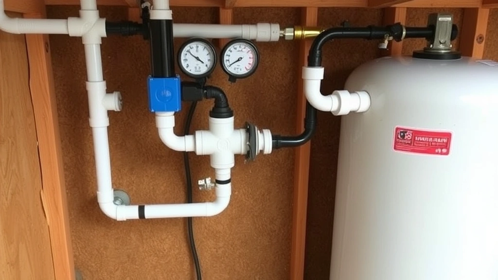 Submersible pump and pressure tank assembly installed in utility space, showing PVC piping, pressure gauges, and electrical connections for residential well system