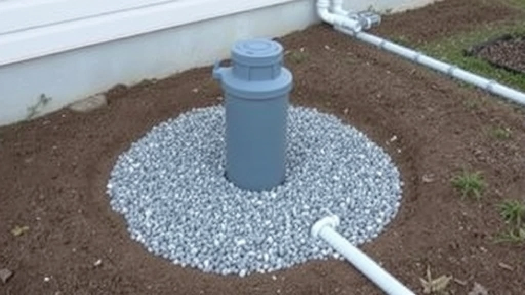 Completed residential well installation with protective casing cap, gravel pad around wellhead, and underground piping connections to house foundation