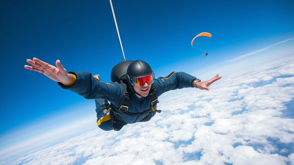 Professional skydiver in freefall position against blue sky with clouds below, showing full body equipment including helmet, goggles, jumpsuit, and deployed parachute visible in distance, bright daylight conditions