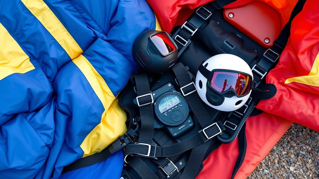 Close-up of skydiving equipment laid out on ground including parachute rig with main and reserve parachutes, helmet, altimeter, goggles, and harness system, showing professional gear quality and organization