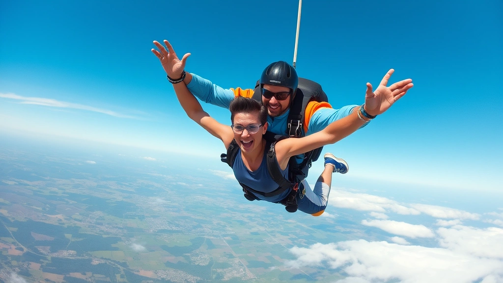 Tandem skydiving instructor and student in stable freefall position with scenic landscape far below, demonstrating proper body positioning and equipment setup during actual jump experience