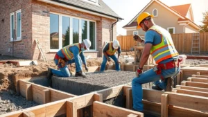 Professional construction workers laying foundation concrete for residential home extension, with wooden formwork and rebar visible, sunny day with safety equipment