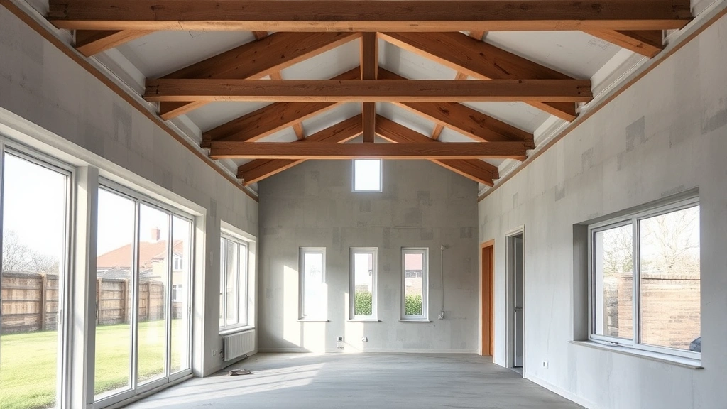Interior view of modern single-story extension with exposed structural beams, new windows flooding space with natural light, concrete slab flooring, daytime construction phase