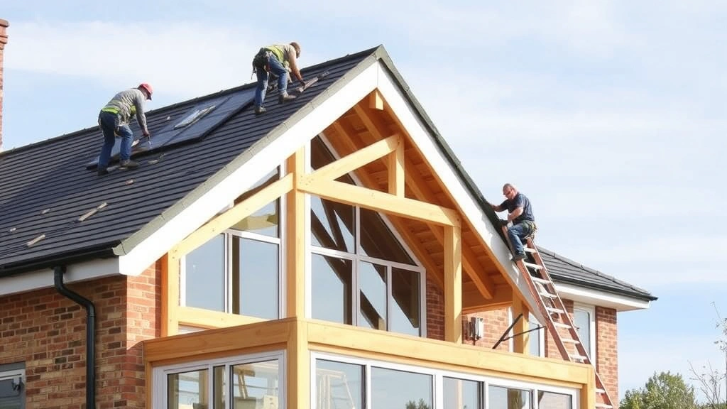Roofing installation on residential extension showing pitched roof framework with new shingles being installed, workers in safety harnesses, clear sky background