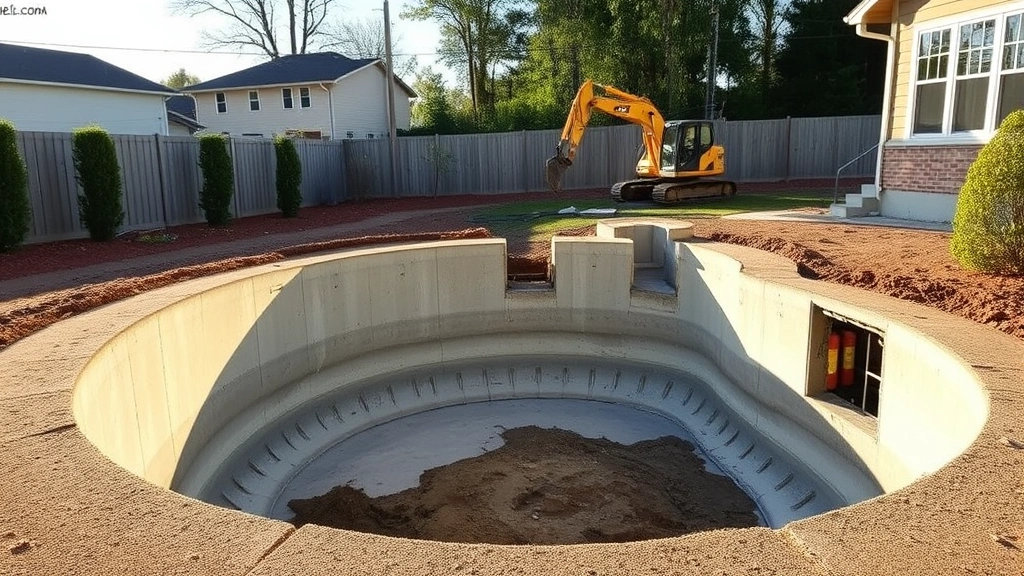 Wide backyard view showing a drained in-ground concrete gunite pool with exposed structure, excavation equipment visible in background, afternoon lighting showing pool's interior walls and floor clearly