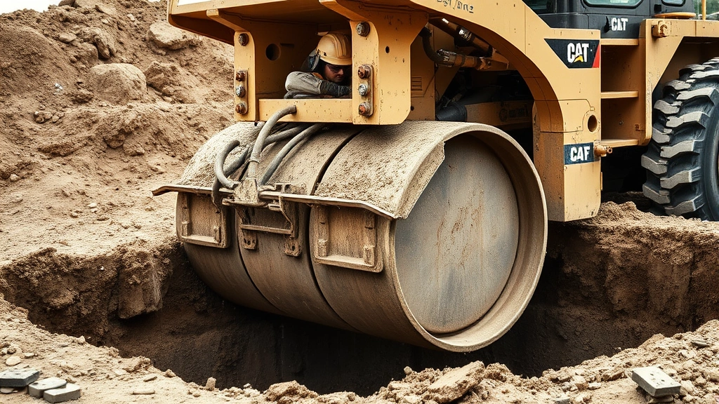 Close-up of heavy construction equipment compacting backfill material into a pool cavity, showing proper layered filling technique with soil compaction, worker in safety gear visible