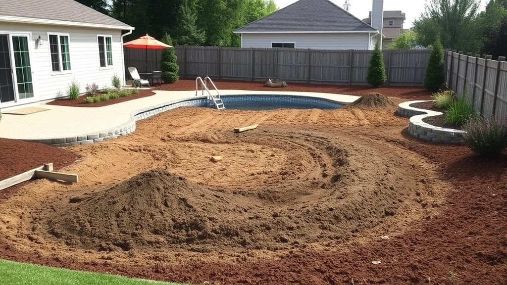 Finished residential backyard with newly filled pool area showing graded soil, fresh topsoil, and landscape restoration in progress, showing transition from pool area to remaining yard