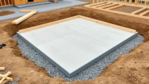 Professional construction site showing freshly poured concrete foundation pad with gravel base, level surface, and wooden frame setup ready for framing