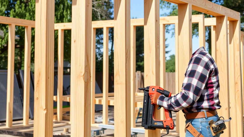 Skilled builder assembling wooden wall frames outdoors, showing 2x4 lumber studs, top and bottom plates, proper spacing, and pneumatic nailer in use