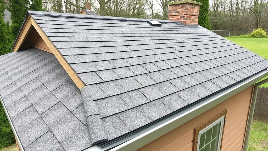 Completed shed roofing installation showing asphalt shingles, proper overlap, ridge vent installation, and metal drip edge trim along eaves