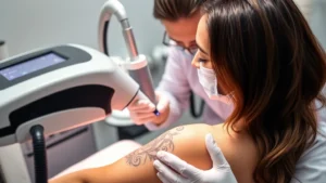 Professional dermatologist performing laser tattoo removal treatment on patient's arm, specialized laser equipment visible, clinical setting with proper lighting