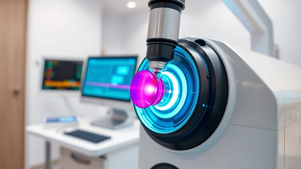 Close-up of Q-switched laser equipment in modern dermatology clinic, technological components and safety features visible, professional medical environment