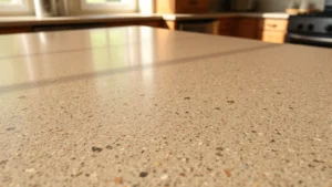 Close-up of polished concrete countertop surface showing exposed decorative aggregate in earthy tones with smooth, reflective finish, natural kitchen lighting