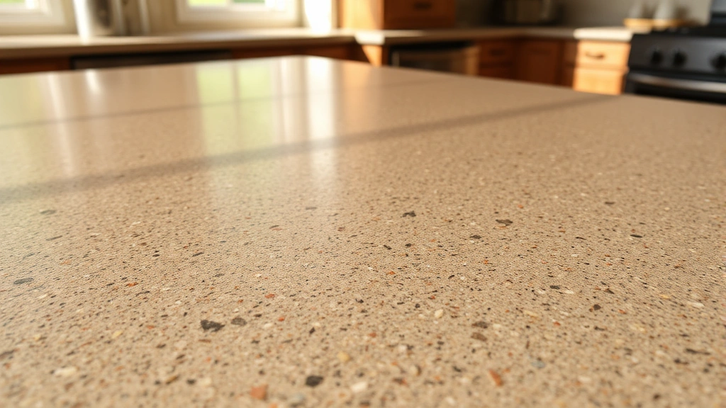 Close-up of polished concrete countertop surface showing exposed decorative aggregate in earthy tones with smooth, reflective finish, natural kitchen lighting
