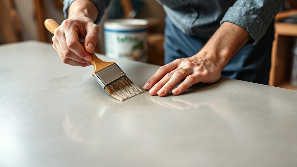 Hands applying concrete sealer with brush on finished countertop surface, showing protective coating application, professional workshop setting