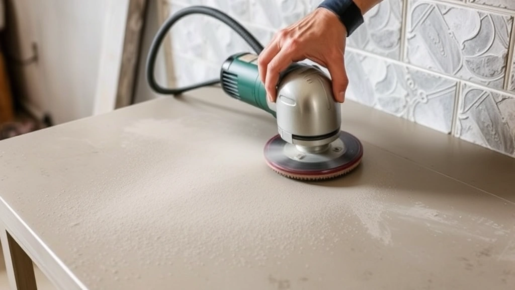 Concrete countertop being ground and finished with electric concrete grinder tool, showing dust collection and surface preparation process