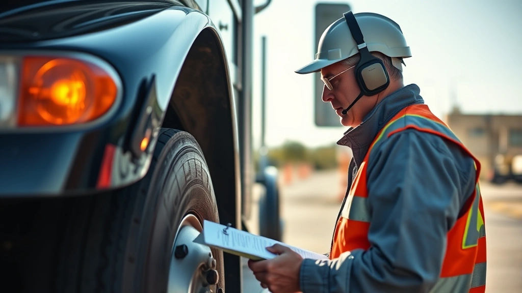 Commercial truck driver performing pre-trip vehicle safety inspection checklist, checking tires and lights under daylight, professional safety-focused setting