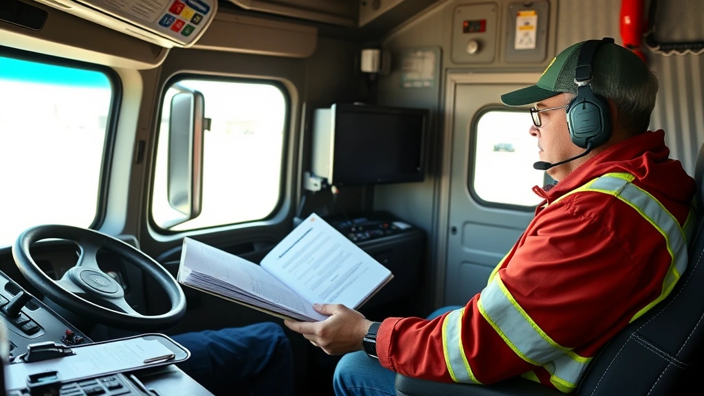 CDL student in classroom environment with instructor reviewing commercial vehicle operation manual and safety procedures at training facility