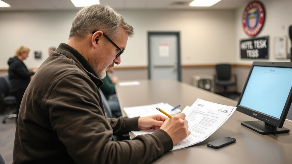 Person taking written CDL knowledge test at official DMV testing center, focused on exam paper with pencil, neutral indoor testing environment