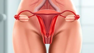 Female reproductive system anatomical diagram showing fallopian tubes in medical illustration style, professional healthcare setting background, realistic medical visualization without labels