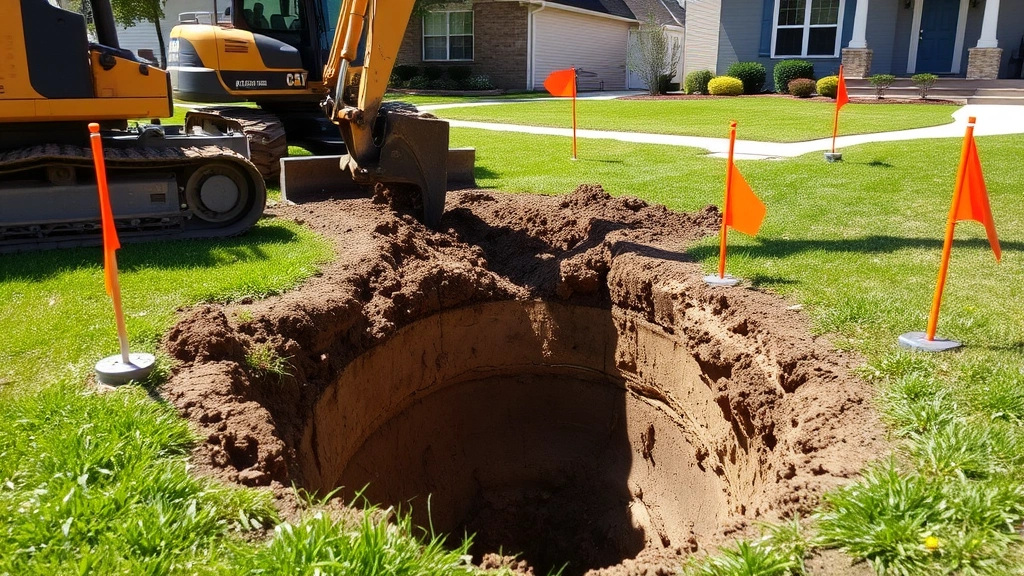 Professional excavation equipment digging septic tank trench in residential yard with marked property lines and orange safety flags, clear soil layers visible in cut, sunny construction site