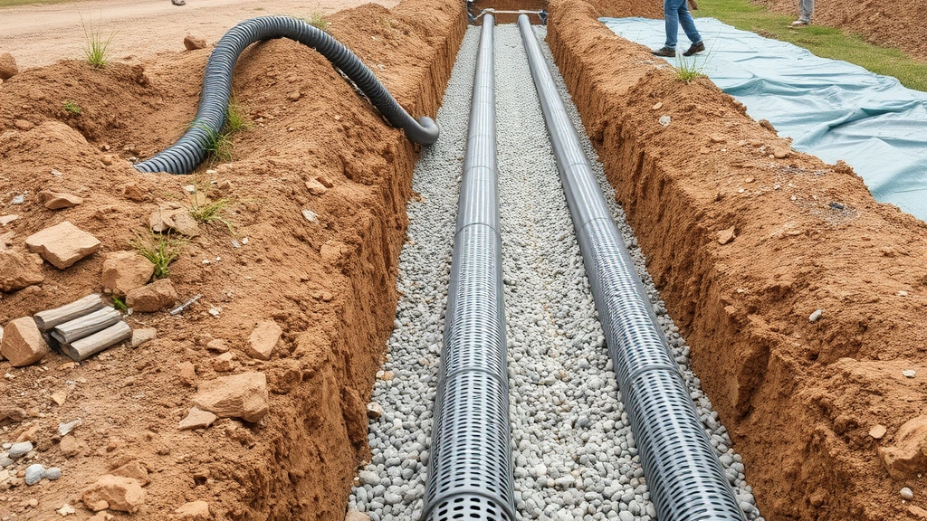 Drain field construction showing perforated pipes laid in gravel-filled trench with landscape fabric and proper spacing, multiple rows of underground drainage system, construction site overview