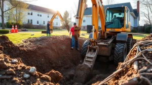 Professional excavation crew digging septic tank installation site with heavy equipment, clay soil visible, morning sunlight, residential property background