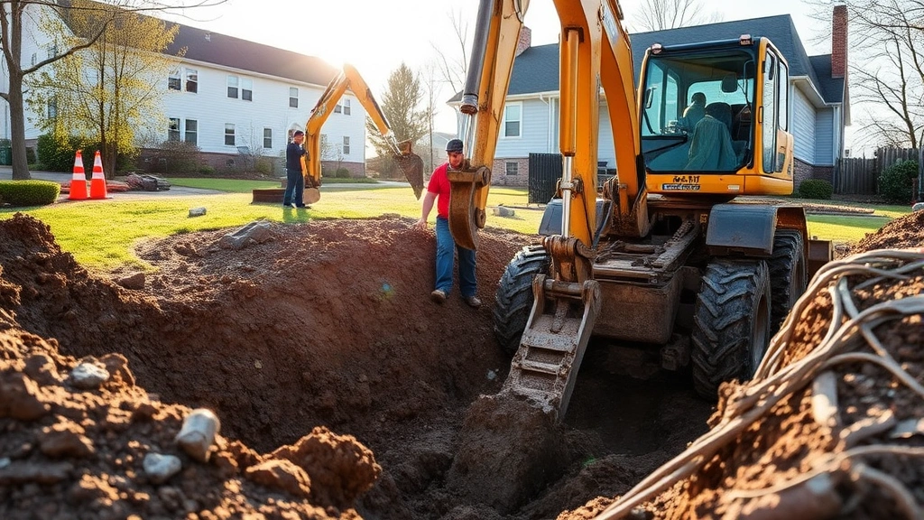 Professional excavation crew digging septic tank installation site with heavy equipment, clay soil visible, morning sunlight, residential property background