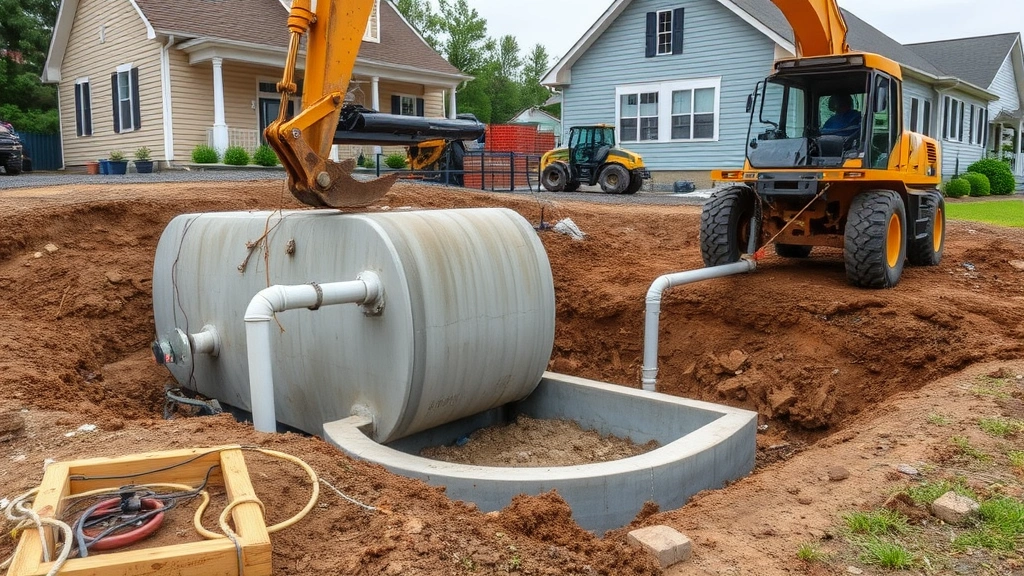 Septic tank being lowered into ground by construction crew using heavy machinery, concrete tank visible, proper spacing from house shown, technical installation view
