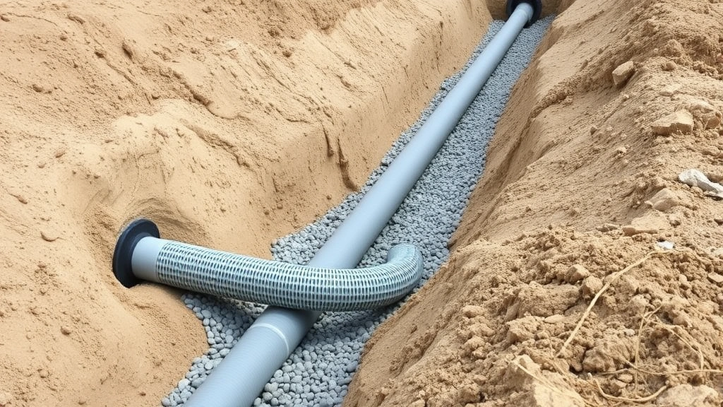 Completed drain field installation showing perforated pipes laid in gravel trench, proper slope visible, sandy soil composition, restoration work in progress