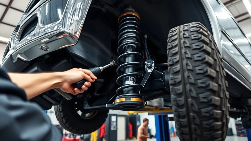 Close-up view of professional mechanic installing coil spring suspension lift kit on full-size pickup truck in modern automotive shop with lift equipment visible, showing precision torque wrench application and reinforced mounting brackets