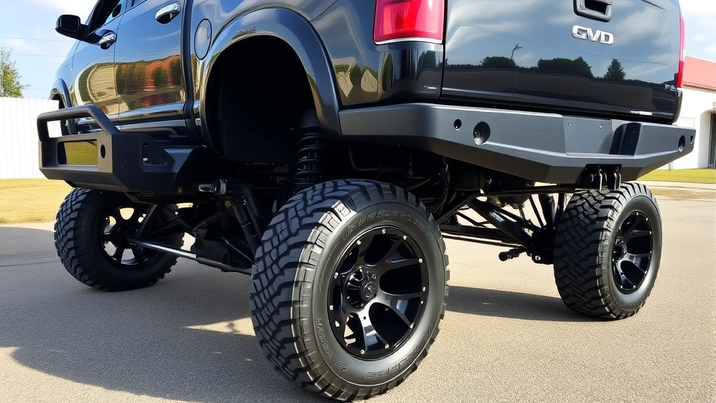 Wide angle of lifted pickup truck with 6-inch suspension elevation, larger aftermarket wheels and tires, custom bumper, parked in outdoor setting showing complete aesthetic transformation and ground clearance improvement