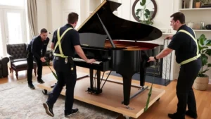 Professional piano movers using specialized equipment to carefully position a grand piano on a wooden dolly with protective padding and straps in a residential living room, showing proper technique and safety gear