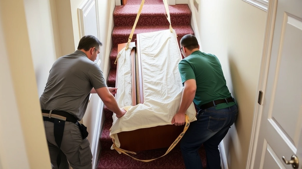 Close-up of skilled movers navigating a piano through a narrow residential stairwell with professional moving blankets, straps, and equipment, demonstrating complex maneuvering techniques