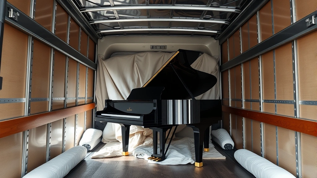 Climate-controlled moving truck interior with a grand piano properly secured and padded with blankets and wooden supports, showing how instruments are transported safely across long distances